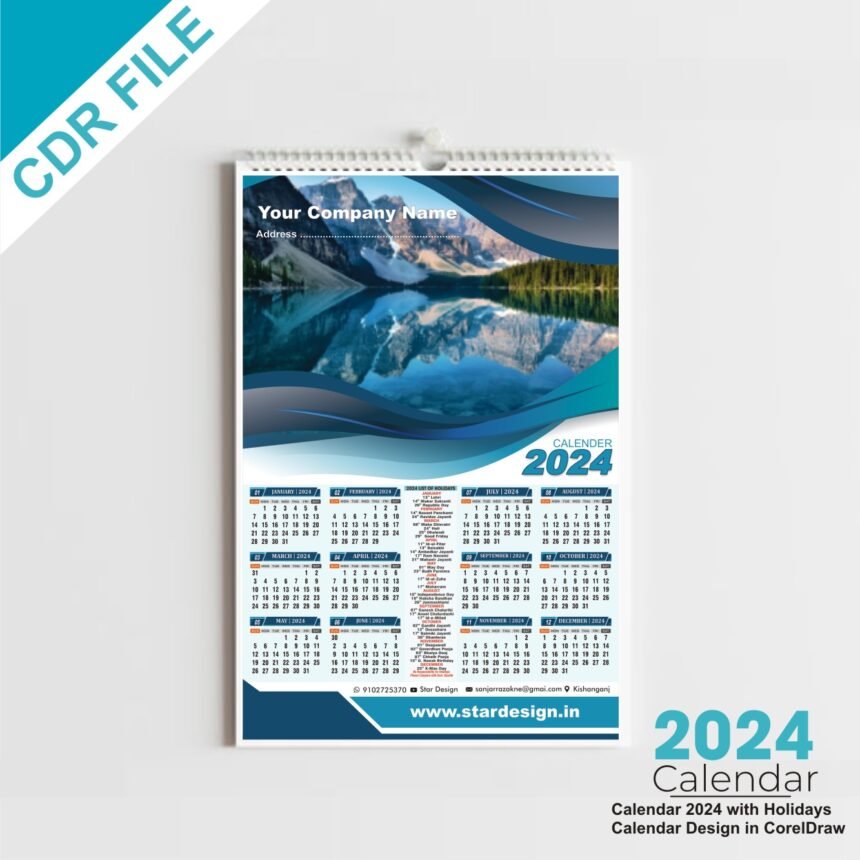 Calendar 2024 with Holidays Calendar Design in CorelDraw Cdr File