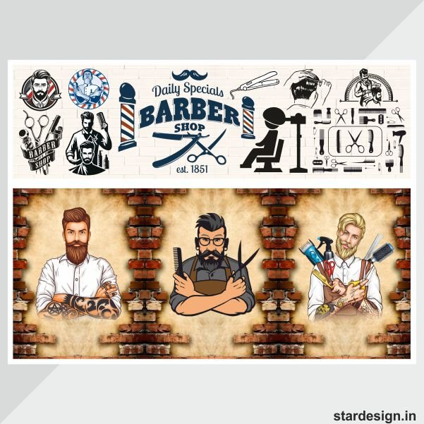 Barber shop wall wallpaper flex design cdr file Barber shop wall wallpaper flex design cdr file
