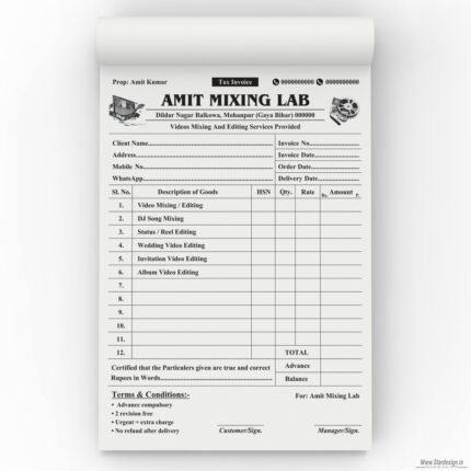 Amit Mixing Lab, Video Editing Invoie Bill Book Design Cdr File