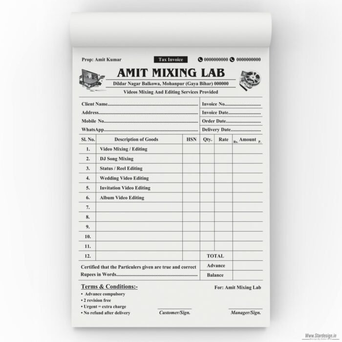 Amit Mixing Lab, Video Editing Invoie Bill Book Design Cdr File