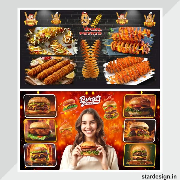 Burger and spiral potato wall wallpaper flex design cdr file