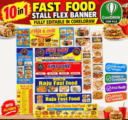 10-in-1 Fast Food Stall Flex Banner Designs Bundle | CorelDRAW CDR Files