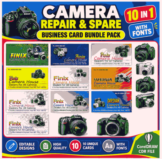 Creative Ramadan Poster Design Ideas for 2025: CDR Files and More 14 10-in-1 Camera Repair & Spare Parts Business Cards Bundle | CorelDRAW CDR Templates